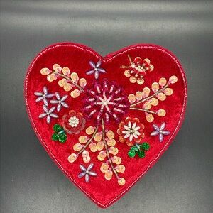 Vintage Velvet Heart Beaded Confection Box Lid Repurposed Jewelry Trinket Box